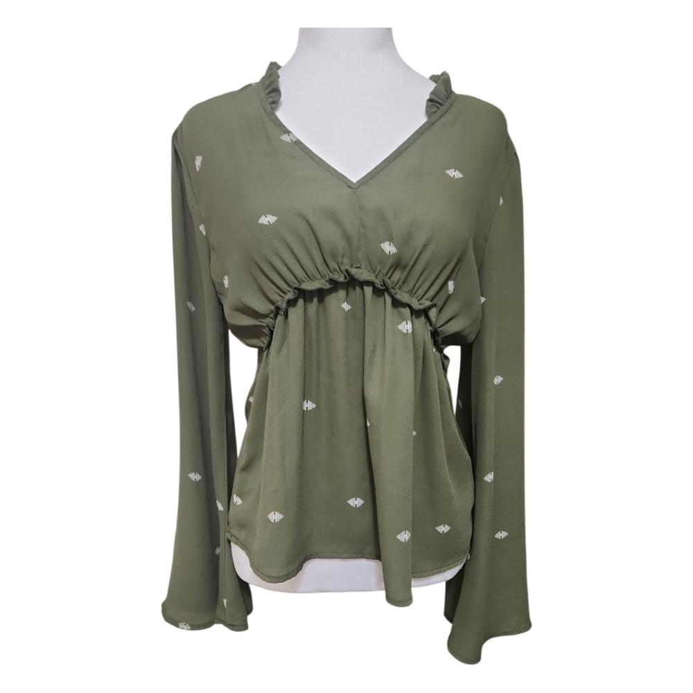 Y2K Green Babydoll Blouse Top Bell Sleeves Size S Office Siren Lightweight